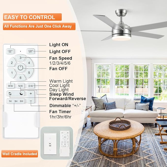 YUHAO 60 Inch Brushed Nickel Ceiling Fan with Light and Remote Control.Noiseless,Dimmable,3CCT,6 Speeds Reversible, DC Ceiling Fans for Indoor or Covered Outdoor Use.ETL Listed