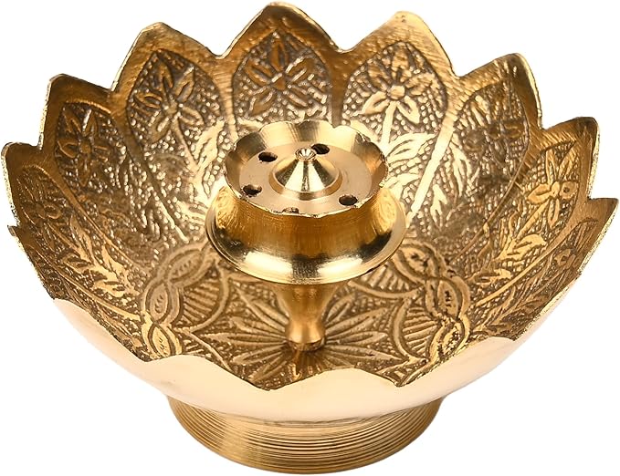 Brass Incense Holder Lotus Stick Incense Burner Cone Incense Holder Ash Catcher Agarbatti Stand Holder Artistic Lotus Flower Censer Plate Incense Tray New year Pooja Decorations (Golden)(3 Inches)