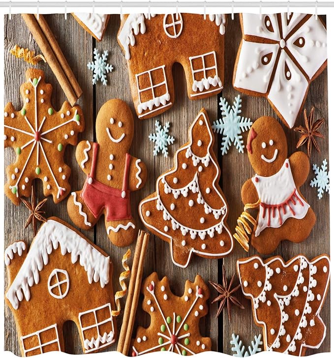 Ambesonne Gingerbread Man Shower Curtain, Tasty Looking Traditional Cookies Little Snowflakes Cinnamon, Cloth Fabric Bathroom Decor Set with Hooks, 69" W x 84" L, Umber Pale Brown White