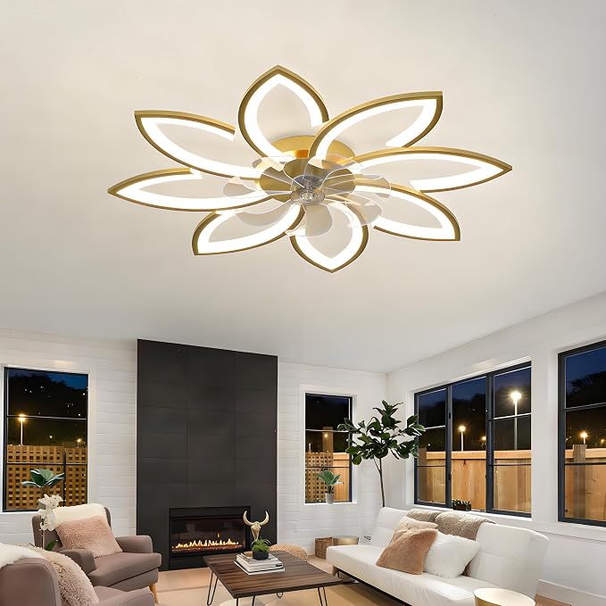 35" Ceiling Fans With Lights and Remote, Low Profile Flush Mount | Ceiling Fan Lights With 6 Speed 3 Colors Dimmable, For Bedroom Living Room, Quiet, Reversible Motor, Timing Gold