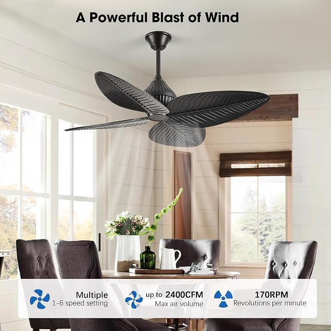 52" Black Tropical Ceiling Fans, Flush Mount Palm Leaf Ceiling Fan no Light, Indoor Ceiling Fans Without Light for Living Room Bedroom Kitchen Covered Gazebo, APP and Remote Control