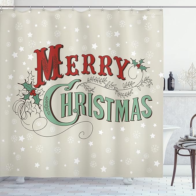 Ambesonne Christmas Shower Curtain, Xmas Stars and Snowflakes Backdrop with Stylized Retro Lettering, Fabric Bathroom Decor Set with Hooks, 69" W x 70" L, Eggshell Sea Green Ruby