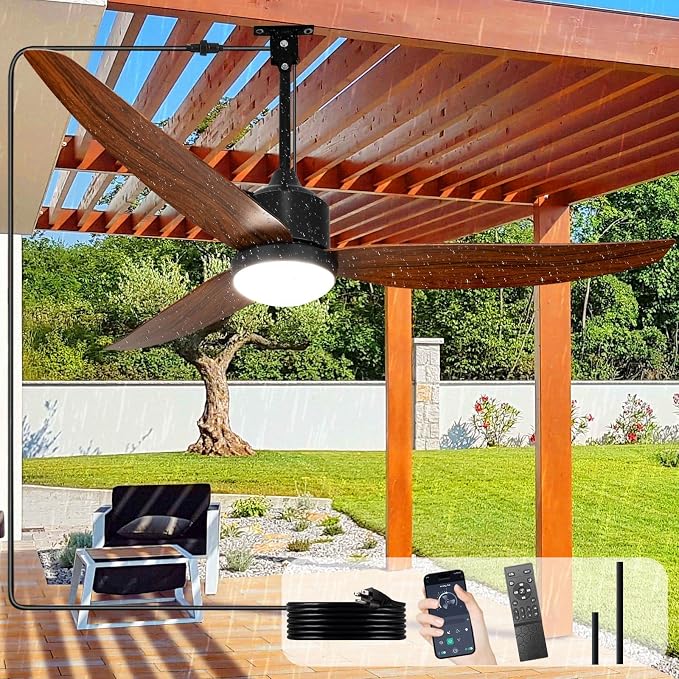 Depuley Outdoor Ceiling Fan with Light: 52 Inch Gazebo Fan Outdoor Hanging - Plug in Fan for Patio Waterproof - Dimmable Fans with Lights Remote App Control - Walnut