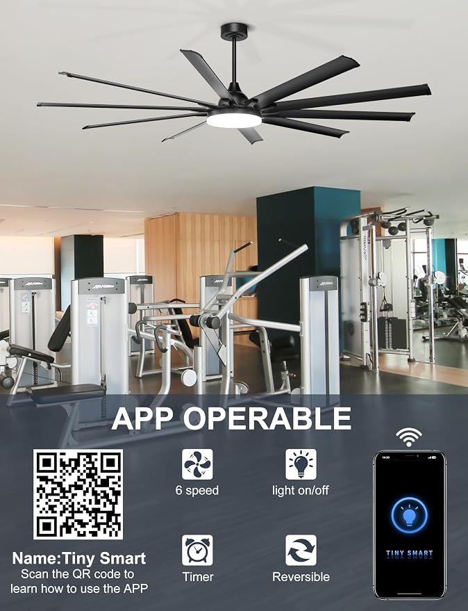 Ohniyou 96" Industrial Ceiling Fan with Bright Lights, High CFM Shop Fan | Remote/App Control, 10 Aluminum Blades, Extra Large Metal Fan for Covered Patio, Gym, Warehouse, Black