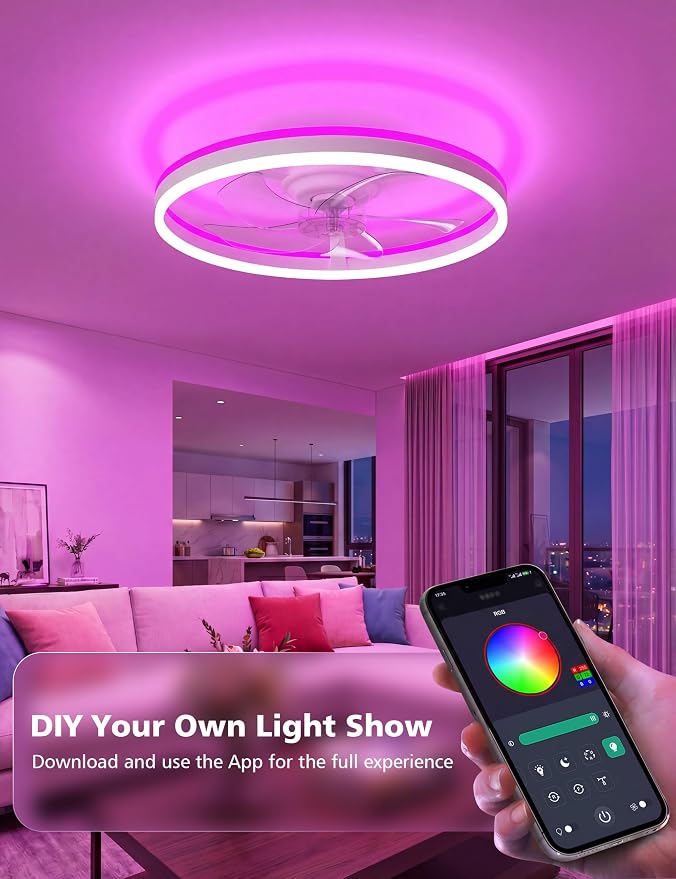 NIORSUN RGB Ceiling Fans with Lights and Remote, Modern Smart LED Ceiling Fans Light, 6 Speeds & 3000K-6500K Dimmable, Quiet Bladeless Fandelier Ceiling Fan with Light for Bedroom(20Inch,White)