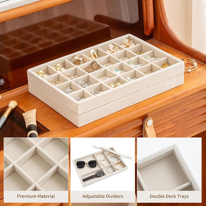 Frebeauty Jewelry Trays for Drawer,Set of 2 Jewelry Organizer and Storage | Velvet Material,Stackable,Adjustable Dividers,Drawer Inserts for Rings Studs Bracelet,Earring Organizer for Women Girls