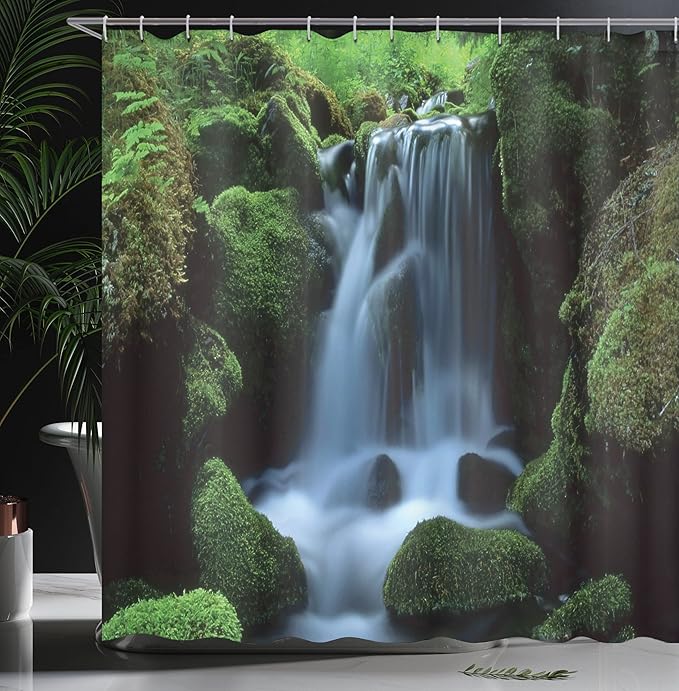 Ambesonne Waterfall Shower Curtain, Flowing Water from Mountains and Stream Over The Moss Covered Stones Picture Jungle, Cloth Fabric Bathroom Decor Set with Hooks, 69" W x 75" L, Dark Green White