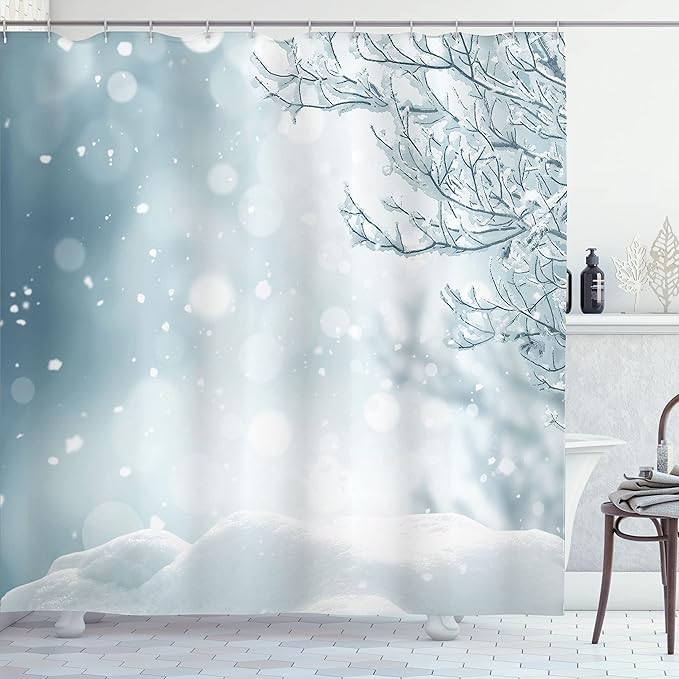 Ambesonne Winter Shower Curtain, Christmas Image Snow and Frosted Tree Snowflakes Winter Season Illustration, Cloth Fabric Bathroom Decor Set with Hooks, 69" W x 75" L, Slate Blue White