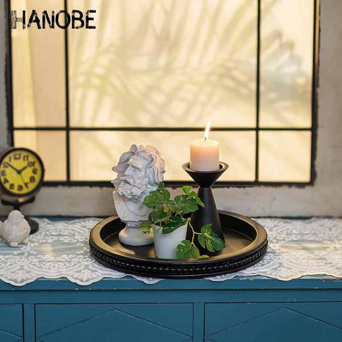Hanobe Black Decorative Tray for Coffee Table, Round, Beaded Edge | 11.8-inch wood tray for living room, kitchen counter, or entryway table decor, holds candles, plants