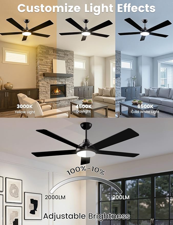 60 Inch Ceiling Fans with Lights and Remote/App Control: Black Ceiling Fan with Light, Quiet Reversible DC Motor, Dimmable Tri-Color LED, Modern Ceiling Fan for Bedroom/Patio, Indoor/Outdoor