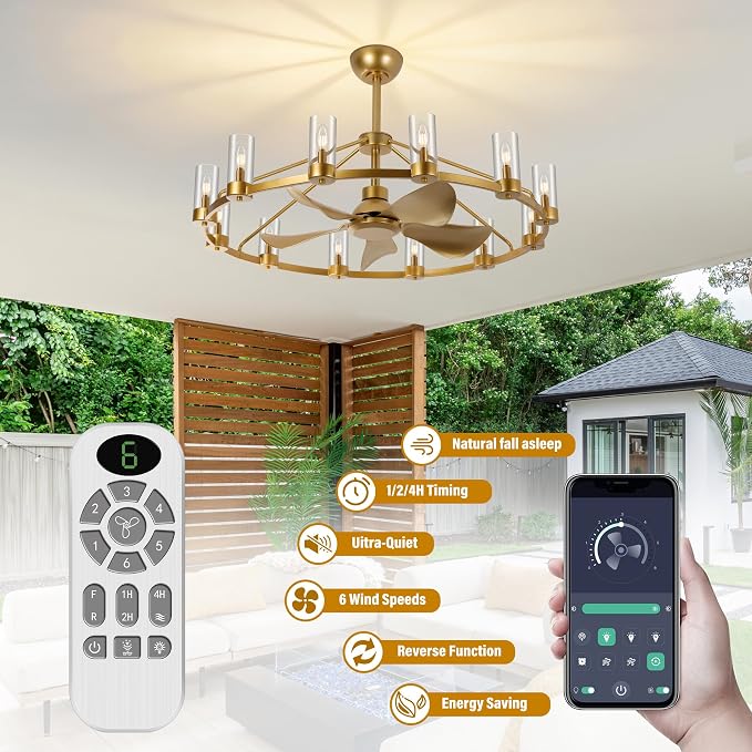 44" Wagon Wheel Chandelier Ceiling Fans with Lights and Remote with APP, 12-Lights Farmhouse Fandelier Fans with Glass Shade, Gold Industrial Lighting Fixture for Dining Living Room, Kitchen Island