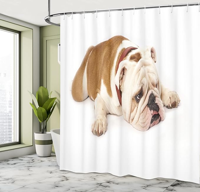Ambesonne English Bulldog Shower Curtain, Sad and Tired Bulldog Laying Down European Pure Breed Animal Photography, Cloth Fabric Bathroom Decor Set with Hooks, 69" W x 70" L, Cream Brown