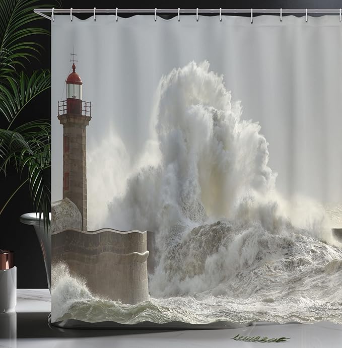 Ambesonne Lighthouse Shower Curtain, Big Waves in a Sunny Storm of Portuguese by The North Coast Catastrophe and Disaster Art, Cloth Fabric Bathroom Decor Set with Hooks, 69" W x 84" L, Grey White