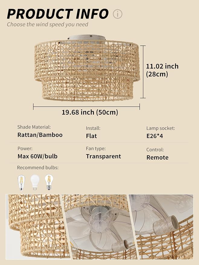 Flush Mount Ceiling Fan with Lights Low Profile, 20" Rattan Boho Ceiling Fan with Light Remote Control, Bladeless Caged with 6 Speeds for Bedroom, Living Room, Nursery