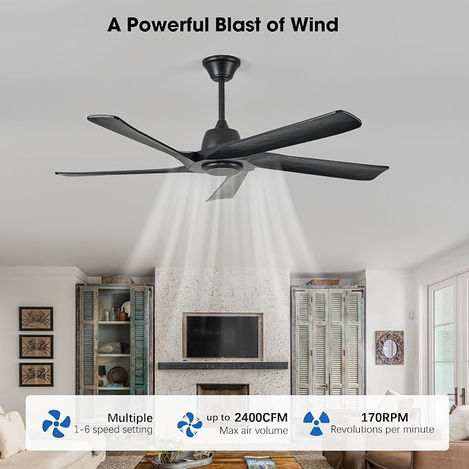 60" Solid Wood Ceiling Fan No Lights, Remote and APP Control, DC Motor, 6-speed Reversible, Ceiling Fans without Light for Bedroom, Living Room, Office, Black