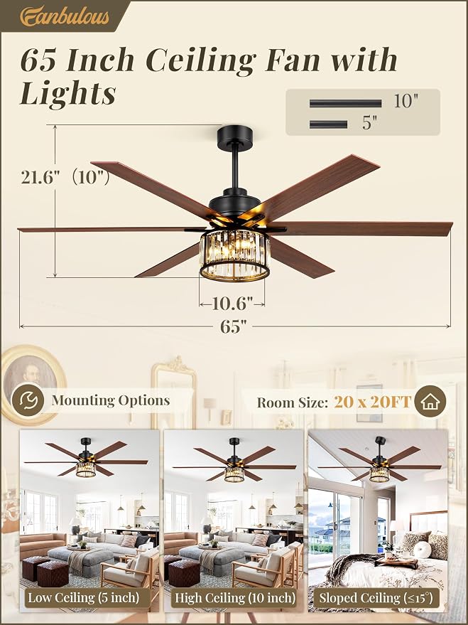 Fanbulous 65 Inch Farmhouse Crystal Ceiling Fan with Lights and Remote, Chandelier Ceiling Fan with Quiet Reversible DC Motor, Wood Blades - Ideal for Bedroom