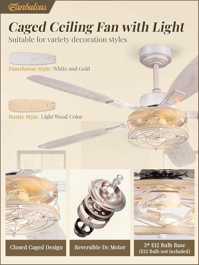 Farmhouse Ceiling Fan with Light and Remote, Industrial Caged Flush Mount Ceiling Fans with 6 Speed Reversible Motor and Dual Finish 5 Blades, for Living room, Bedroom (White and Gold, 52Inch)