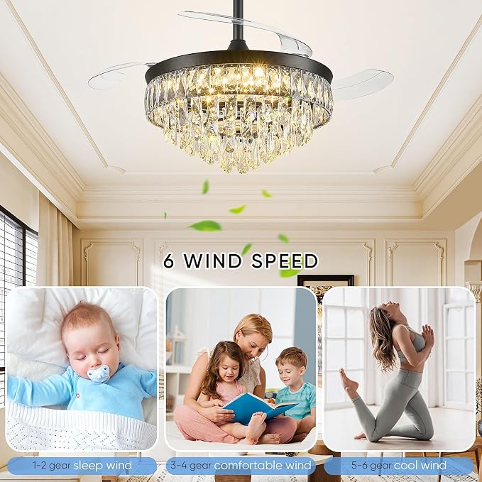 42'' Chandelier Ceiling Fan with Lights, Retractable Fan with Remote and APP, Crystal Fandelier Ceiling Fan, Dimmable LED, Reversible Motor, Quiet for Bedroom Living Room-Black