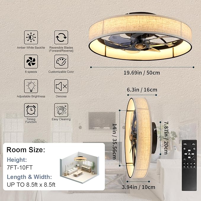 19.6" Flush Mount Caged Ceiling Fan with Light and Remote,Boho Farmhouse Bladeless Fabric Design, Dimmable LED 3 Colors,6 Speeds, Low Profile fandaliers Ceiling Fan for Bedroom Living Room