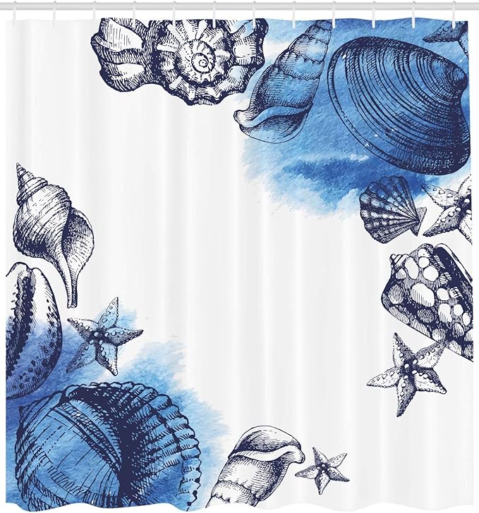 Ambesonne Ocean Shower Curtain, Sealife Sea Shells and Sand Stones Deep Water Star Fish Blue Toned Design, Cloth Fabric Bathroom Decor Set with Hooks, 69" W x 84" L, Navy Blue and White