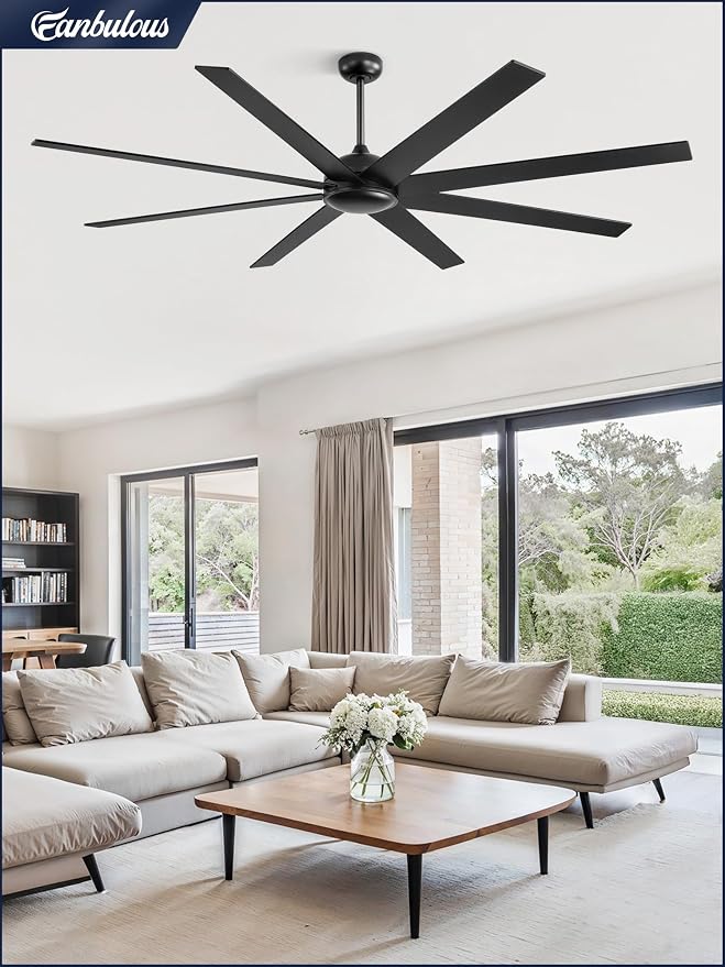 Fanbulous 80 Inch Ceiling Fan No Light with Remote. Large Industrial Ceiling Fans, 6-Speeds, Quiet Reversible DC Motor, 8 Blades, Indoor/Outdoor Ceiling Fan for Living Room, Garage, Patio