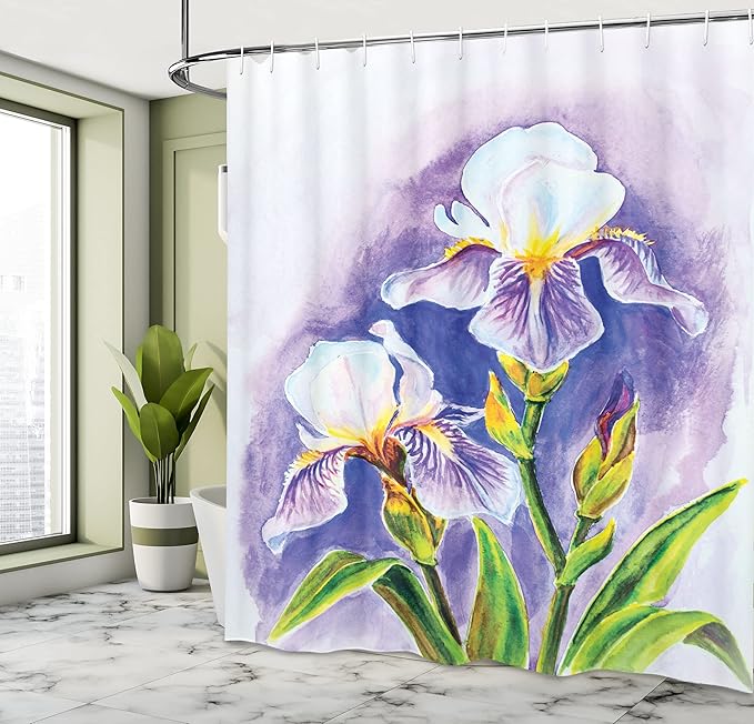 Ambesonne Watercolor Flower Shower Curtain, Painting of Iris Flower Spring Season Blooming Plant Nature Art, Cloth Fabric Bathroom Decor Set with Hooks, 69" W x 84" L, Violet Green