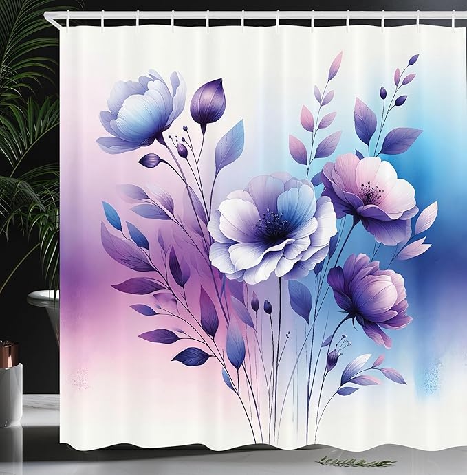Ambesonne Purple Shower Curtain, Simple Spring Poppy Flowers with Tender Leaves in a Dreamy Color Palette, Cloth Fabric Bathroom Decor Set with Hooks, 69" W x 75" L, Sea Blue Lilac Indigo