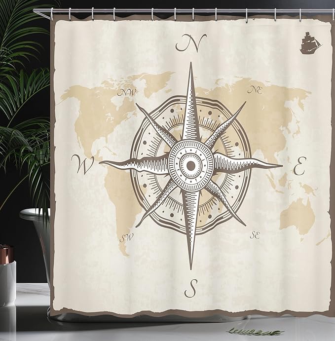 Ambesonne Compass Shower Curtain, Nautical Compass on Background Old Map with Torn Border Frame Illustration Print, Cloth Fabric Bathroom Decor Set with Hooks, 69" W x 70" L, Taupe Beige