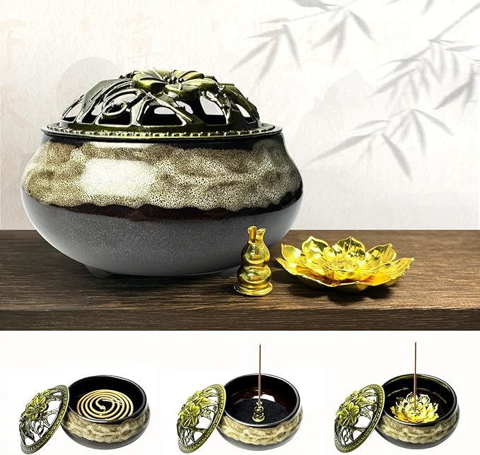 Ceramic Incense Burner, Bowl Burner,Cone Incense Burner with Brass lid for use with Stick or Cone-Shaped Incense，Lotus Incense Stick Holder Calabash Incense Stick Holder, 3pc (Fambe White)