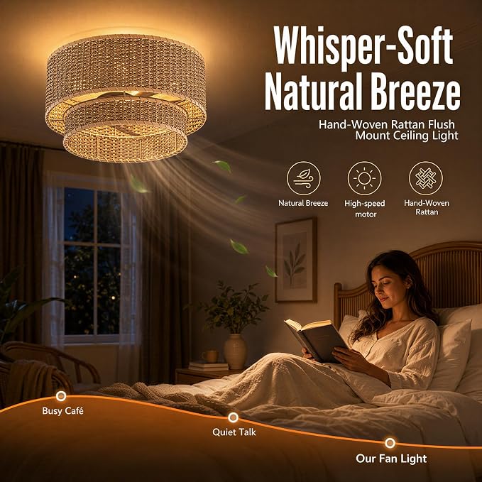 Boho Rattan Ceiling Fan with Light, Flush Mount Woven Fandelier with Remote 2 Tier Layered Caged Ceiling Fan Light Fixture 6-Speed Reversible Low Profile Fan for Bedroom Kitchen Dining Room