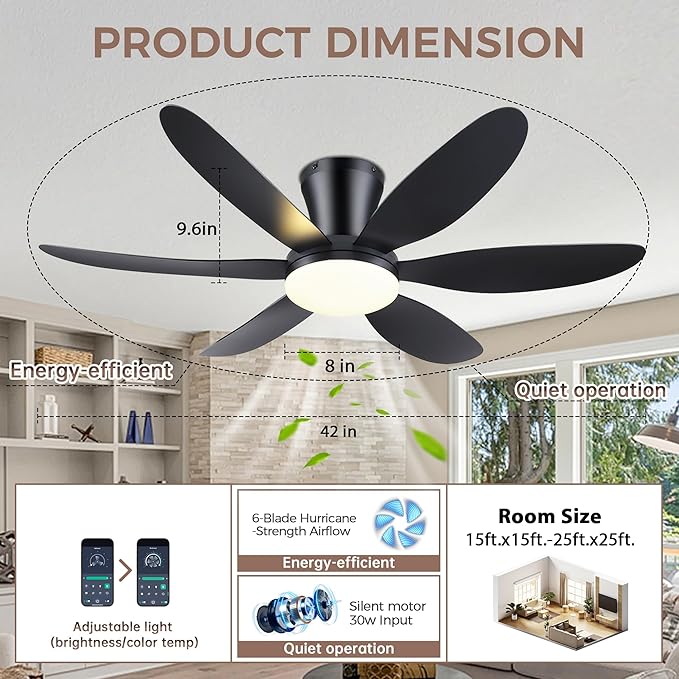 GJeg Ceiling Fans with Lights,42" Low Profile Ceiling Fan with Light and Remote Control,Flush Mount, Reversible, Dimmable, Noiseless, Black Ceiling Fan for Bedroom