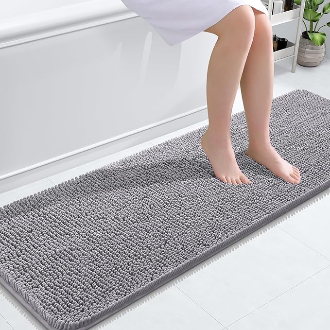 OLANLY Bathroom Runner Rugs 59x20, Extra Soft Absorbent Chenille Bath Rugs, Rubber Backing Quick Dry, Machine Washable Long Bath Mats for Bathroom Floor, Tub and Shower, Home Decor Accessories, Grey