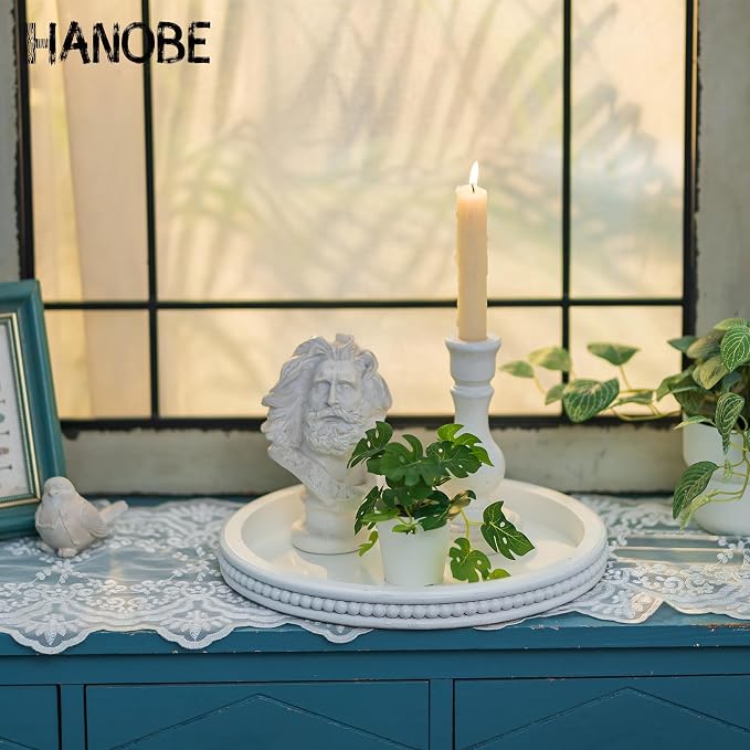 Hanobe Round Decorative Tray for Coffee Table, White, 11.8-inch | Beaded edge, crafted from wood, holds candle and vase, modern farmhouse style for dining table centerpiece and living room