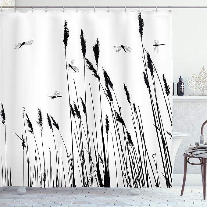 Ambesonne Dragonfly Shower Curtain, Wheat Field Autumn Agriculture Background Nature Harvest Bush Herbs Theme Art, Cloth Fabric Bathroom Decor Set with Hooks, 69" W x 70" L, White Black