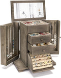 Emfogo Jewelry Box for Women, Rustic Wooden Jewelry Boxes & Organizers with Mirror, 4 Layer Jewelry Organizer Box Display for Rings Earrings Necklaces Bracelets (Weathered Gray)