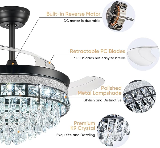 42 Inch Fandelier Ceiling Fan with Light, Chandelier Ceiling Fans with Lights, Crystal Ceiling Fans for Bedroom Living Room, LED Dimmable, 6 Wind Speed,3 Color Temperatures-Black