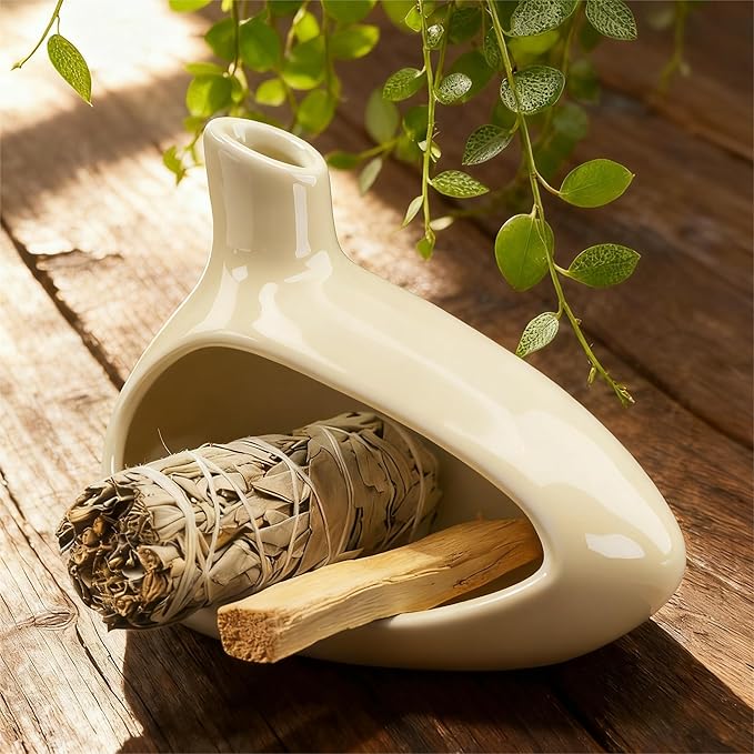 Palo Santo Holder, Ceramic Incense Burner for Sticks Sage Holders Cone Burning Smudge Bowl with Ash Brush for Meditation Yoga Spa Room Decor (Yellow)