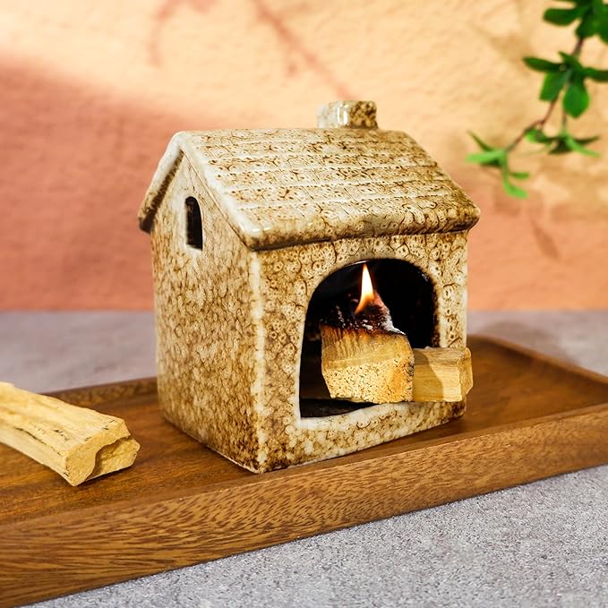 Mougigi Ceramic Brown House Palo Santo Burner Holder | Mini Chiminea Design for Sage & Incense Cones | Stable Base Smudge Bowl Dish | Perfect for Zen Altar, Meditation, Yoga Spaces, Home Decor & Gifts