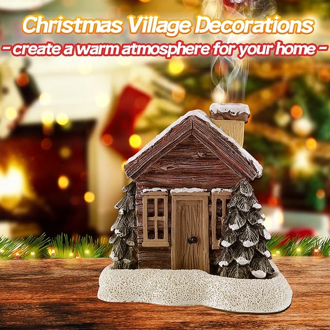 Christmas Log Cabin Incense Burner - Christmas Village Houses with 2 Incense Cones, Resin Incense Cone Holder for Home Room Table Fireplace Decorations, Brown