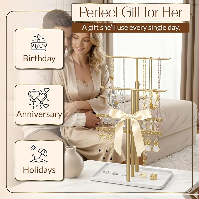 Jewelry Tower Stand Organizer for Women - Elegant Jewelry Holder Display with Necklace Holder, Earring Organizer & Bracelet Rack - Tabletop Jewelry Stand for Dresser, Vanity, Desk