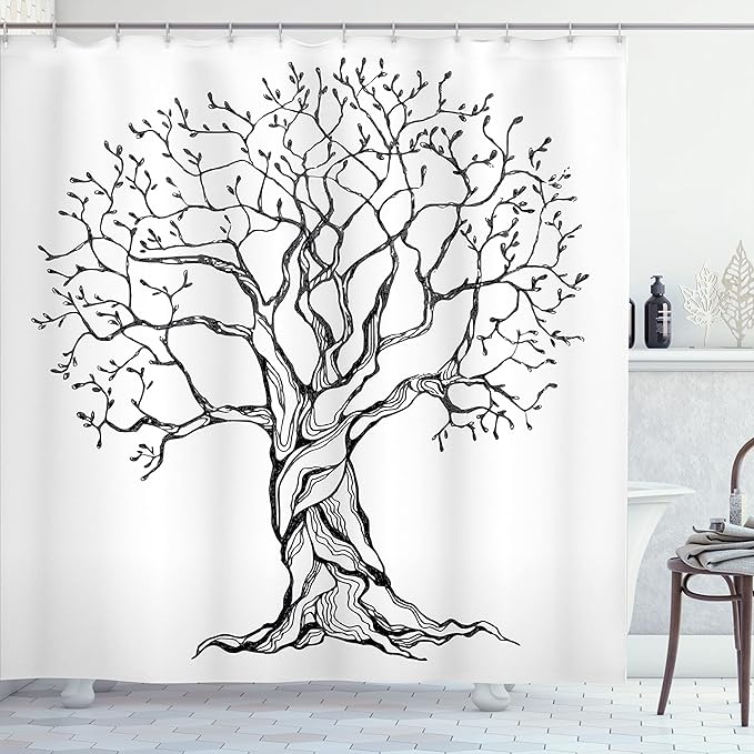 Ambesonne Tree of Life Shower Curtain, Aged Winter Tree with Curved Body Branches Old Expanding Roots Illustration, Cloth Fabric Bathroom Decor Set with Hooks, 69" W x 70" L, Black and White