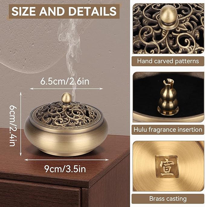 Brass Incense Burner with Lid, Antique Incense Holder Censer Incense Burner Bowl with Lid for Coils Stick Incense Home Office Decor Indoor Ornament Handicraft