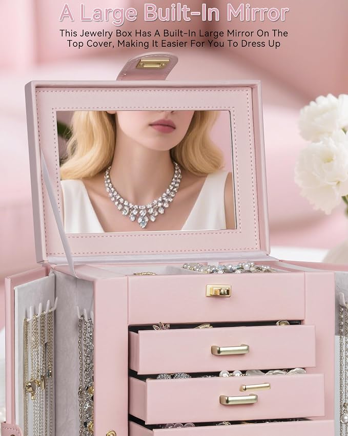 AKOZLIN 6-Tier Jewelry Box Organizer Functional 5 Drawers Leather Jewelry Storage Case for Women Girls Ring Necklace Earring Bracelet Holder Organizer with Mirror Pink 360° Rotating