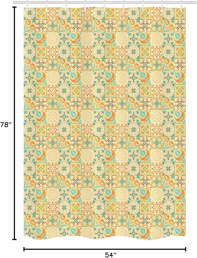 Ambesonne Vintage Stall Shower Curtain, Italian Style Checkered Pattern with Floral Motifs Traditional Antique Art Design, Fabric Bathroom Decor Set with Hooks, 54" W x 78" L, Seafoam Dark Peach