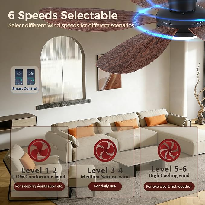 GJeg Ceiling Fans with Lights,42" Flush Mount Ceiling Fan with Light and Remote Control,Low Profile, Reversible, Dimmable, Noiseless, Brown Ceiling Fan for Bedroom
