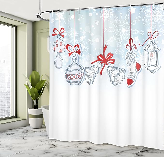 Ambesonne Christmas Shower Curtain, Retro Style Famous Socks for and Candy Bells and Snowflake Graphic, Cloth Fabric Bathroom Decor Set with Hooks, 69" W x 84" L, White and Orange