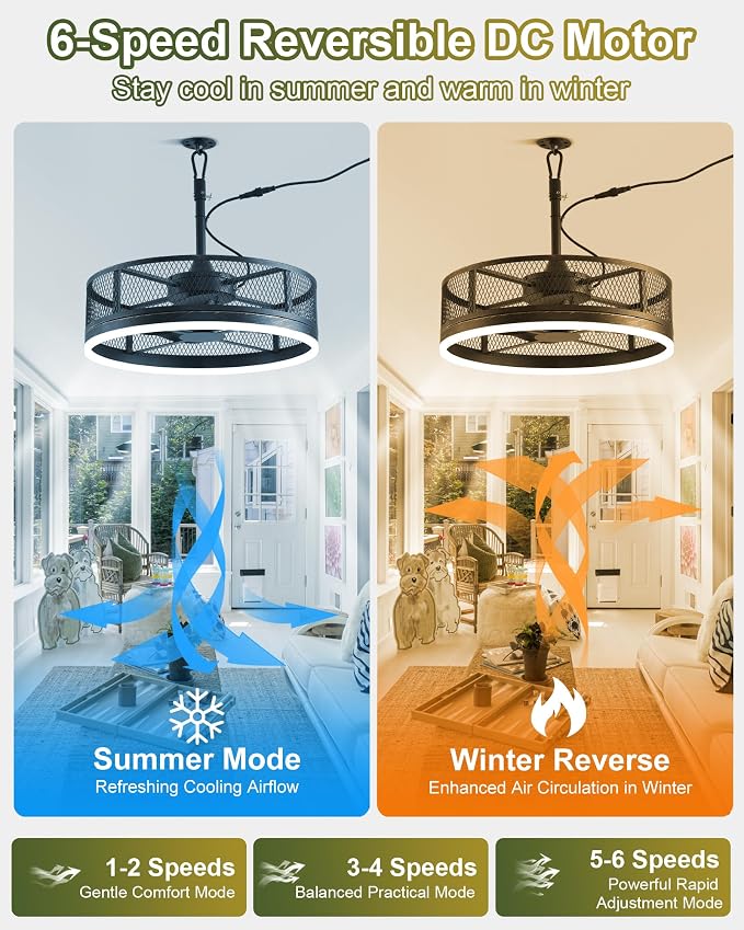 20'' Outdoor Ceiling Fan with Light, IP65 Waterproof Gazebo Hanging Fan, Remote Control, 3CCT, 6-Speed, Plug-in Caged Ceiling Fan for Patio Porch Pergola, Works with Alexa & Google Assistant