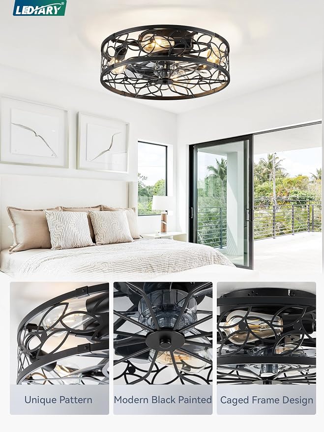 LEDIARY Caged Ceiling Fans with Lights, Black Flush Mount Ceiling Fan with Remote&App, Small Low Profile Bladeless Ceiling Fan Light Fixture for Bedroom, Kitchen, Dining Room.