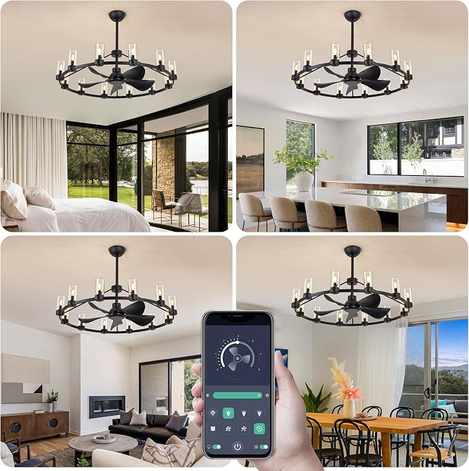 44" Wagon Wheel Chandelier Ceiling Fans with Lights and Remote with APP, 12-Lights Farmhouse Fandelier Fans with Glass Shade, Black Industrial Lighting Fixture for Dining Living Room, Kitchen Island