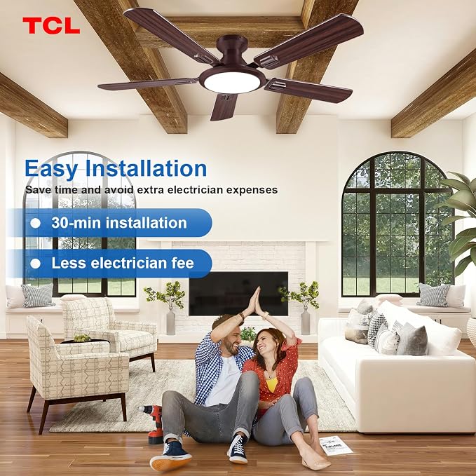 TCL 52" Ceiling Fan with Light: Wood Grain Blades Copper Bronze Finish Low Profile Ceiling Fan with Light and Remote Control Flush Mount DC Reversible Motor Noiseless 6 Speeds for Bedroom(Brown)